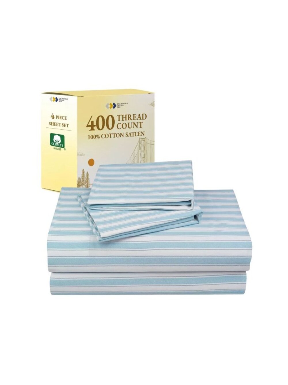 California Design Den Queen Sheet Set 400TC 100% Cotton Sateen Cape Stripe White